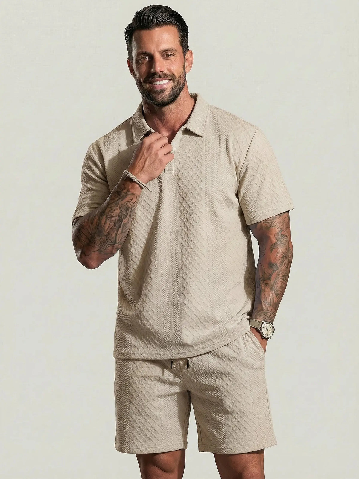 Men's Solid Polo Shirt & Shorts Set Comfortable & Breathable